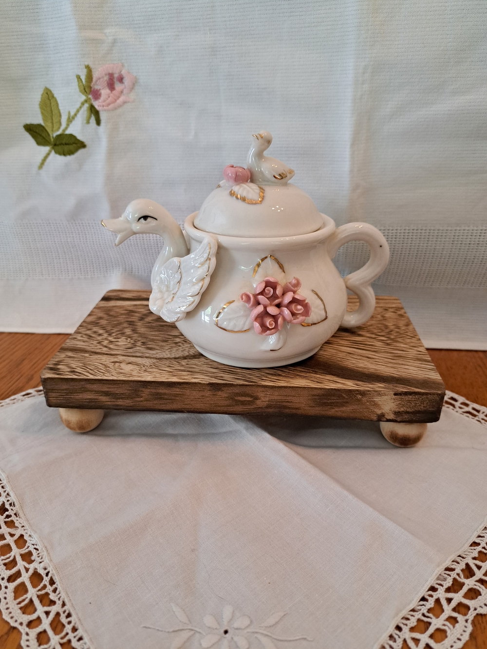 (Rare) Vintage Porcelain Swan Teapot with Pink Floral Accents